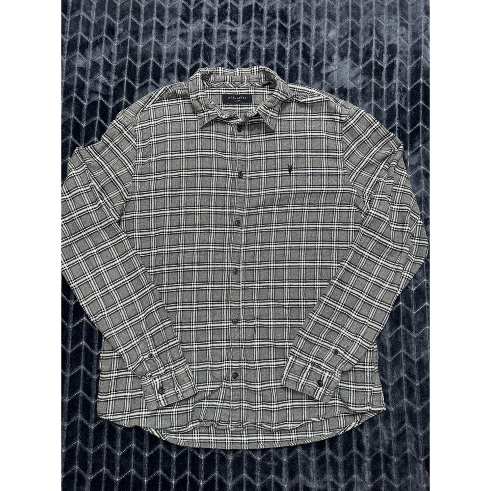 All Saints Men's Aino Long Sleeve Button Shirt Black Gray Plaid Size Large